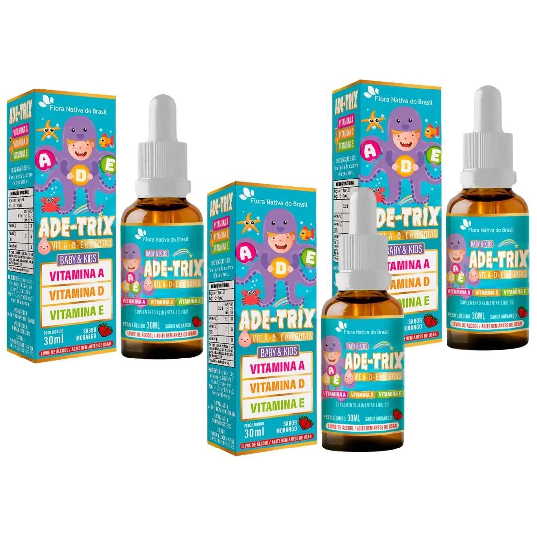 3x Ade-trix Kids (vitamina A, D e E) Sabor Morango 30ml Flora Nativa — | Farmácia Resyla