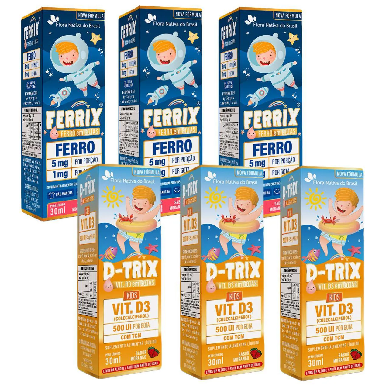 3x Ferrix Ferro + 3x D Trix Vitamina D3 - Kids- Flora Nativa — | Farmácia Resyla