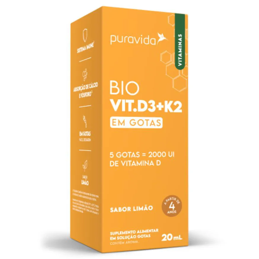 Bio Vitamina D3 + K2 Pura Vida em Gotas 20ml - Vit D Sabor Limão — | Farmácia Resyla