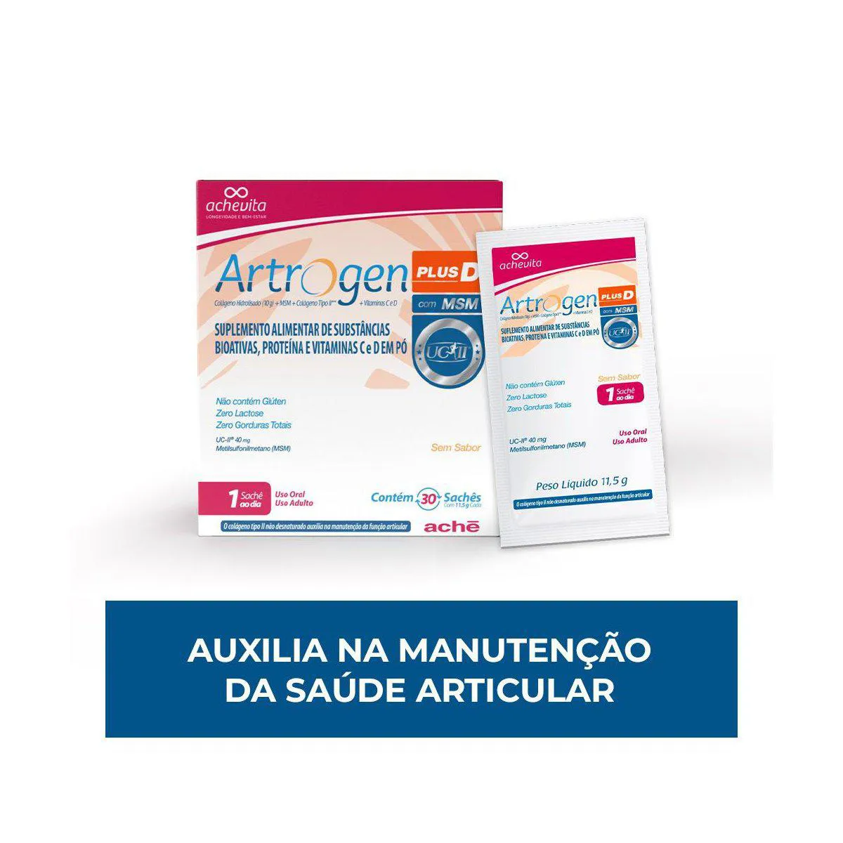 Colágeno Artrogen Plus D com MSM 30 sachês — Aché | Farmácia Resyla