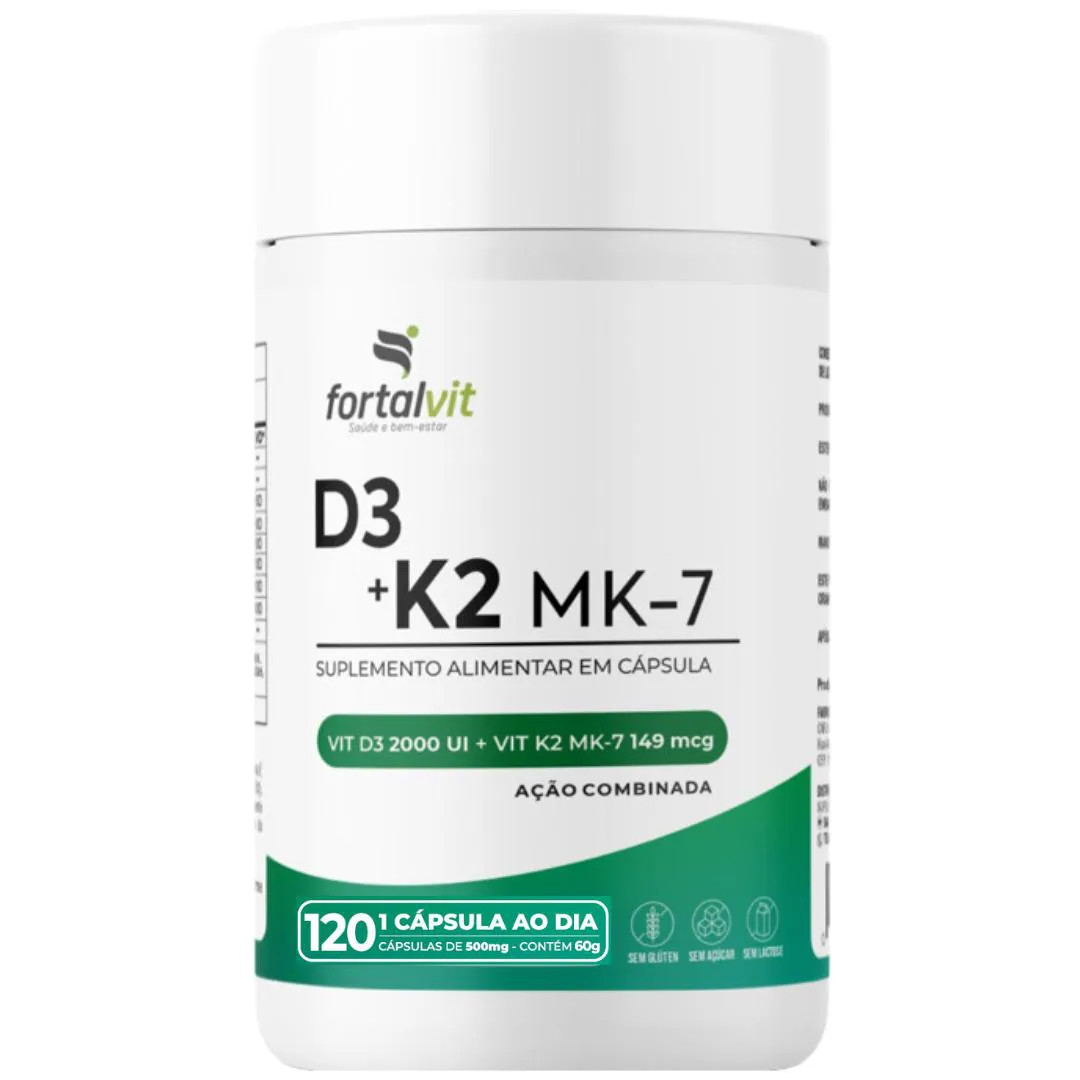 D3 2000UI + Vitamina K2 (Menaquinona-7), 120 Cápsulas, 4 meses, Ação Combinada, Fortalvit — | Farmácia Resyla
