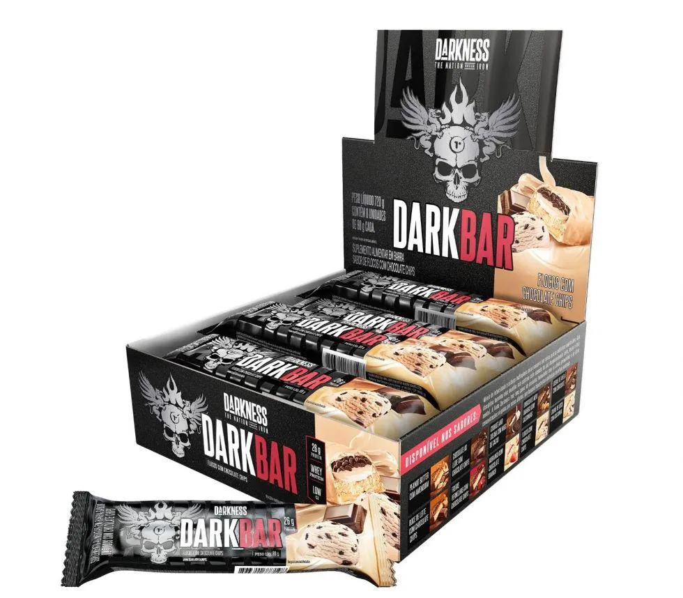 Dark Bar Caixa 8 unidades (720g) - Nova Embalagem - Sabor: Flocos c/ Chocolate Chips — | Farmácia Resyla