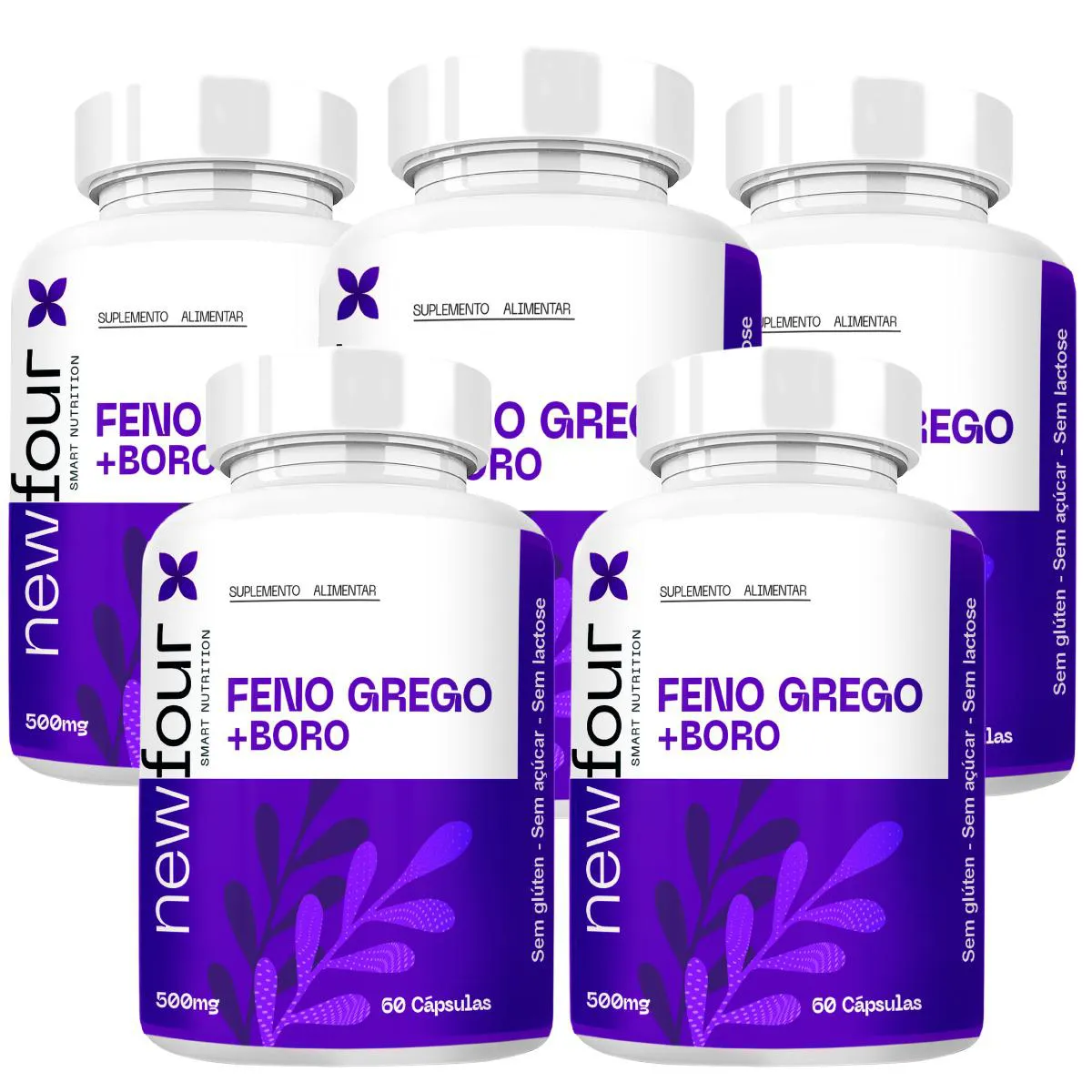 Feno Grego + Boro Kit com 5 Potes com Total de 300 Capsulas — | Farmácia Resyla
