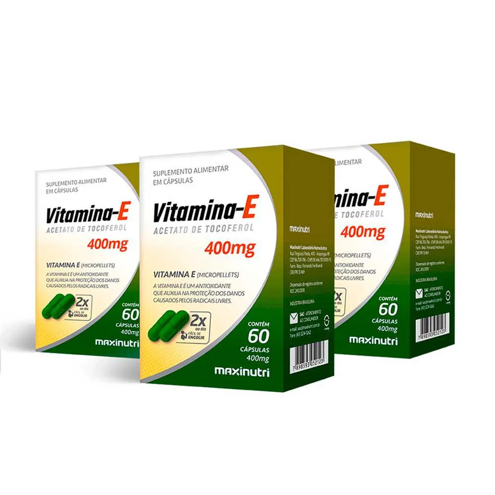 Kit 03 vitamina e antioxidante 400mg 60 capsulas maxinutri — Maxinutri | Farmácia Resyla