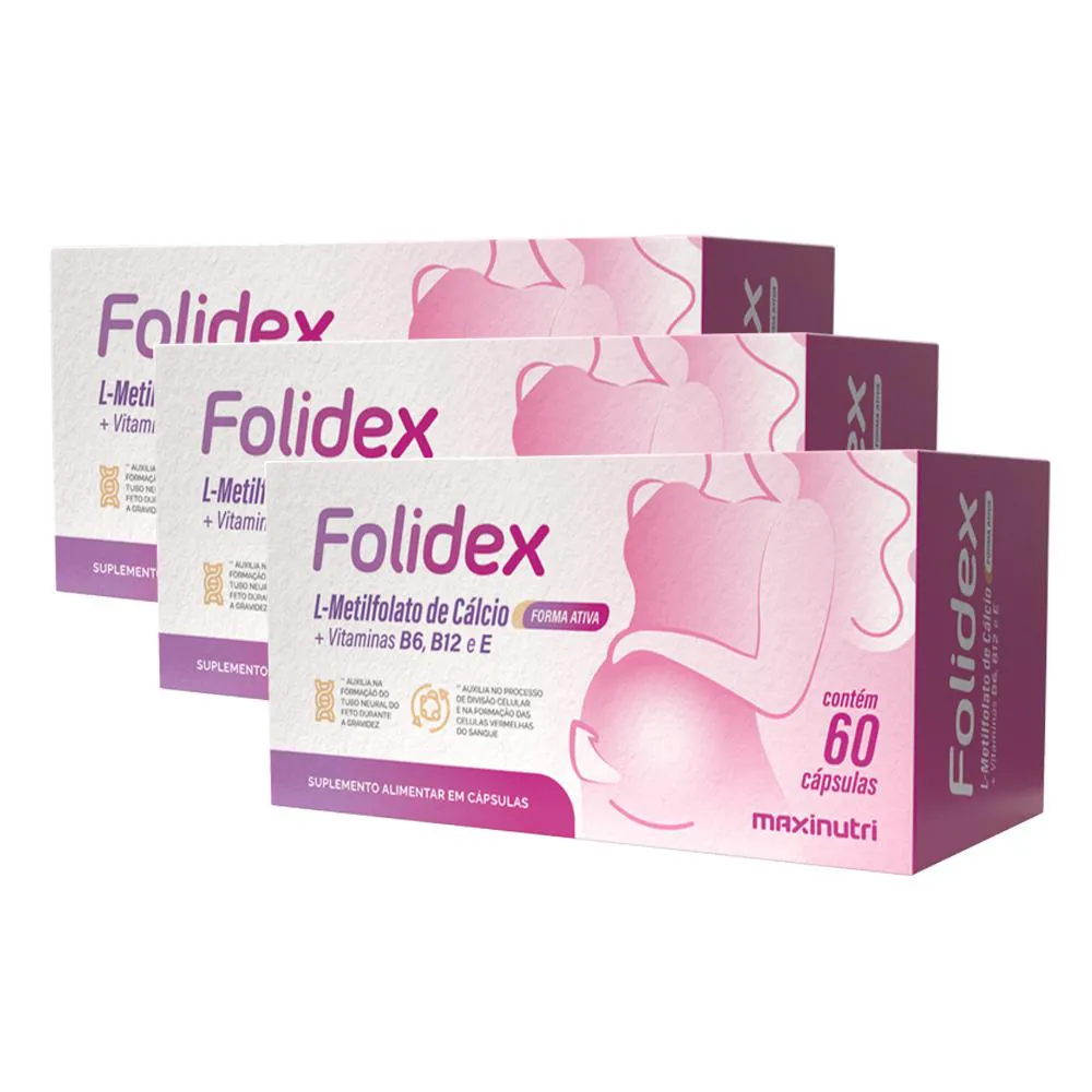 KIT 3 FOLIDEX METILFOLATO + VITAMINAS 60 CáPSULAS MAXINUTRI — Maxinutri | Farmácia Resyla