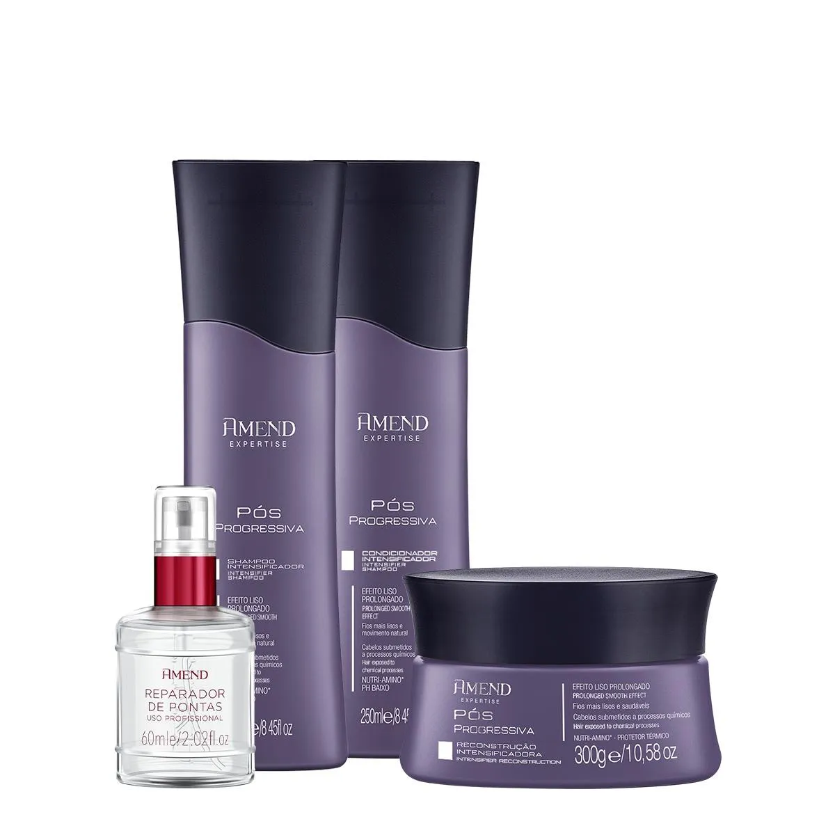 Kit Amend Pós Progressiva Shampoo Condicionador Máscara e Óleo Reparador de Pontas (4 Produtos) — Amend | Farmácia Resyla