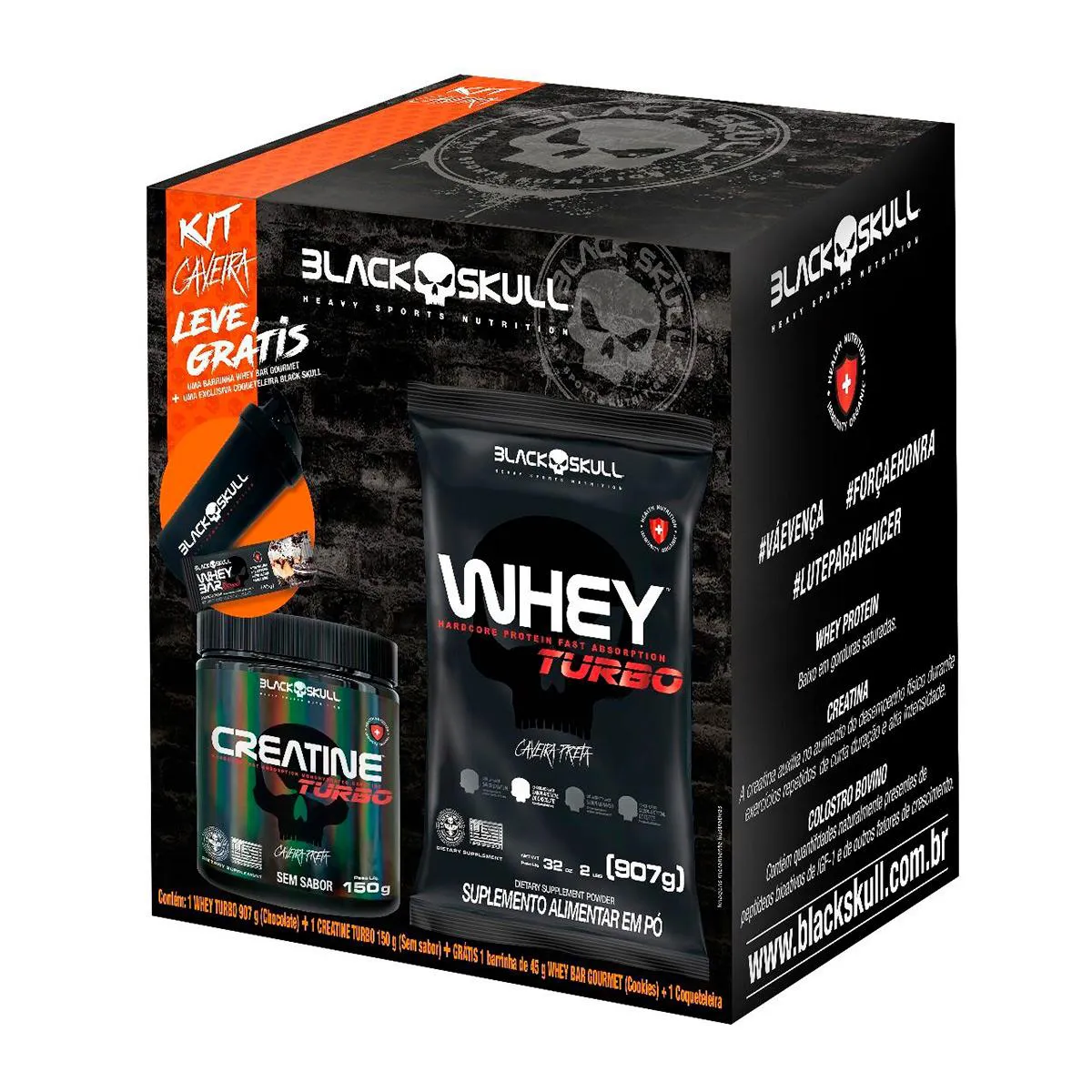 Kit Black Skull Caveira Whey Turbo Chocolate 907g + Creatine Turbo Sem Sabor 150g + Whey Bar Gourmet Cookies + Coqueteleira — Black Skull | Farmácia Resyla