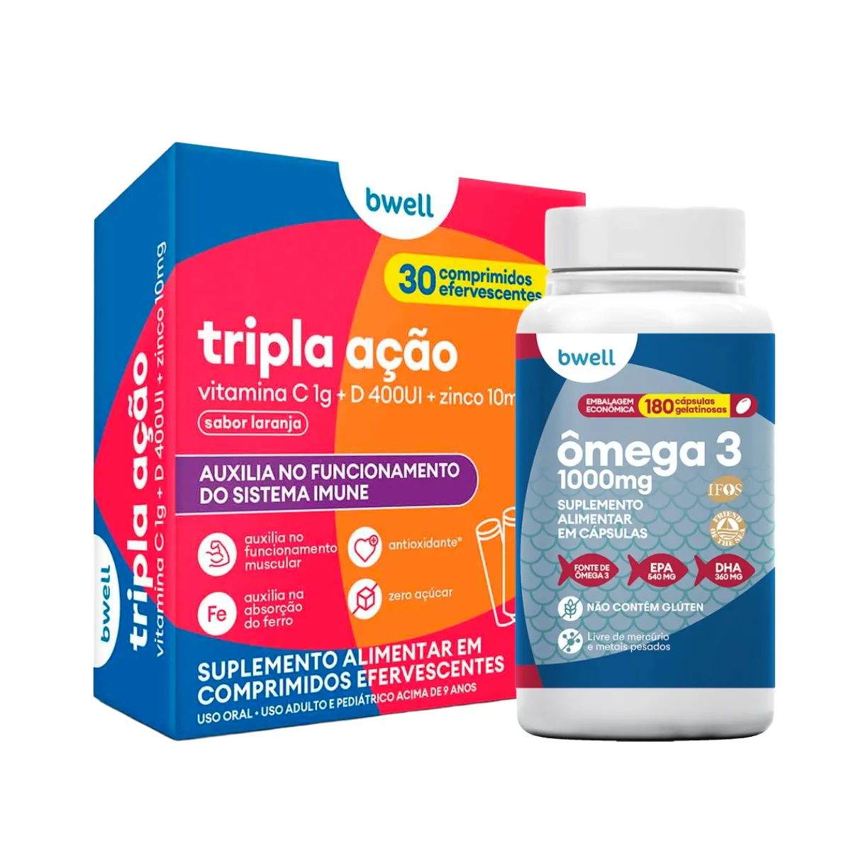 Kit Bwell Ômega 3 180 Cápsulas + Vitamina C Tripla Ação 30 Comprimidos Efervescentes — | Farmácia Resyla
