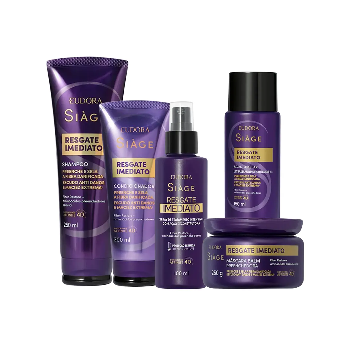 Kit Eudora Siàge Resgate Imediato Shampoo 250ml + Condicionador 200ml + Máscara 250g + Água Lemelar 250g + Leave-In 100ml — Eudora | Farmácia Resyla