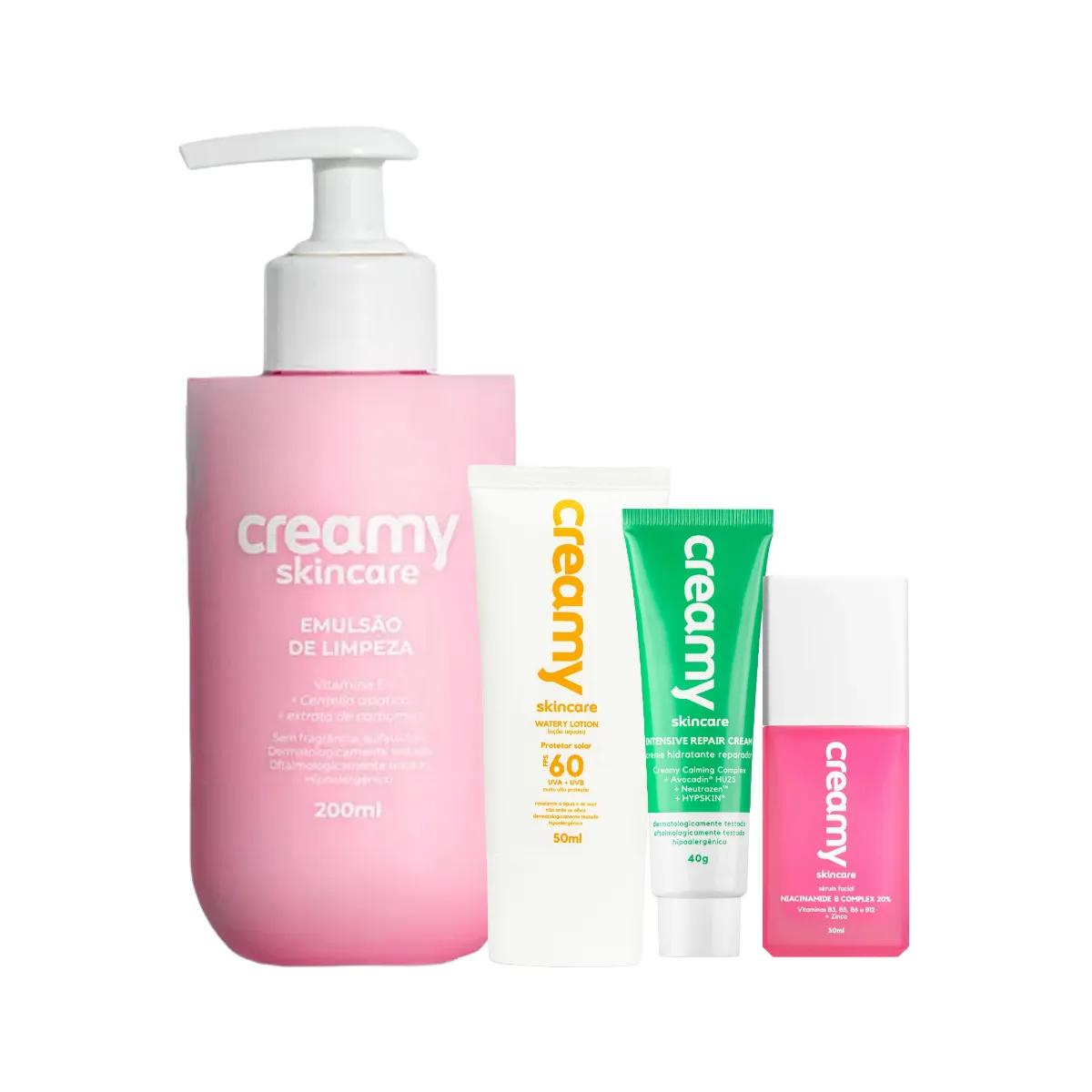 Kit Facial Creamy Skincare Protetor Solar FPS 60 50ml + Creme Hidratante 40g + Emulsão de Limpeza 200ml + Sérum 30ml — | Farmácia Resyla