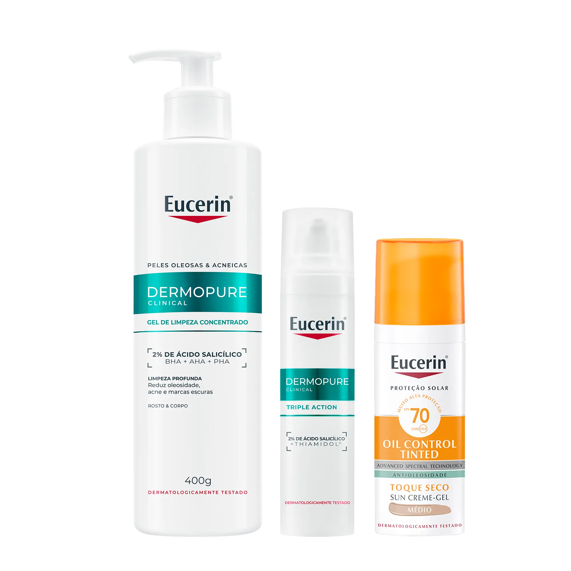 Kit Facial Eucerin Gel de Limpeza Dermo Pure Concentrado 400g + Sérum DermoPure Oil Control Efeito Triplo 40ml + Protetor Solar Sun Oil Control Tinted FPS 70 Médio 50ml — Eucerin | Farmácia Resyla