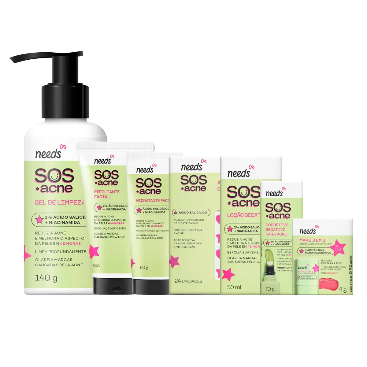 Kit Facial Needs SOS Acne Adesivo Secativo + Stick Make 3 em 1 + Corretivo Secativo + Hidratante + Esfoliante + Gel de Limpeza + Loção Secativa — Needs | Farmácia Resyla