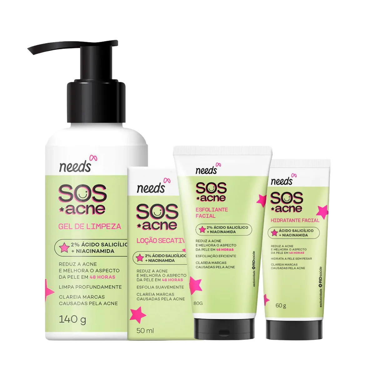 Kit Facial Needs SOS Acne Gel de Limpeza 140g + Esfoliante 80g + Loção Secativa 50ml + Hidratante 60g — Needs | Farmácia Resyla