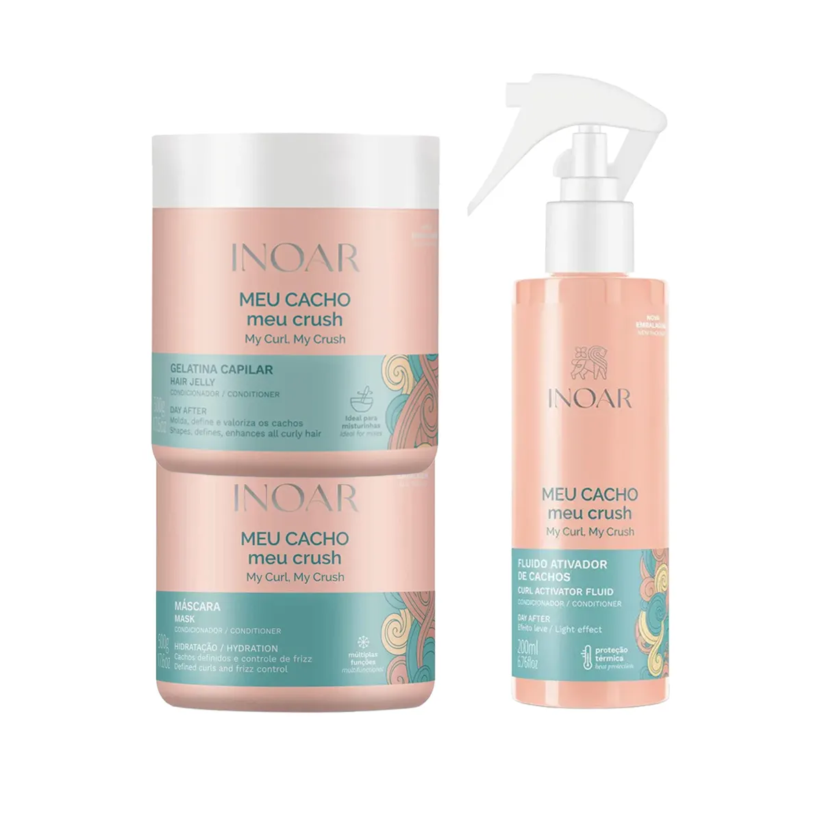 Kit Inoar Meu Cacho Meu Crush Gelatina 500g + Máscara de Hidratação 500g + Ativador de Cachos 200ml — Inoar | Farmácia Resyla
