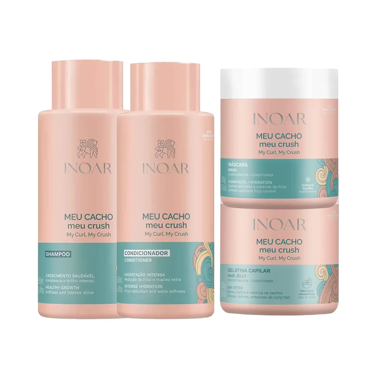 Kit Inoar Meu Cacho Meu Crush Shampoo 500ml + Condicionador 500ml + Gelatina 500g + Máscara de Hidratação 500g — Inoar | Farmácia Resyla
