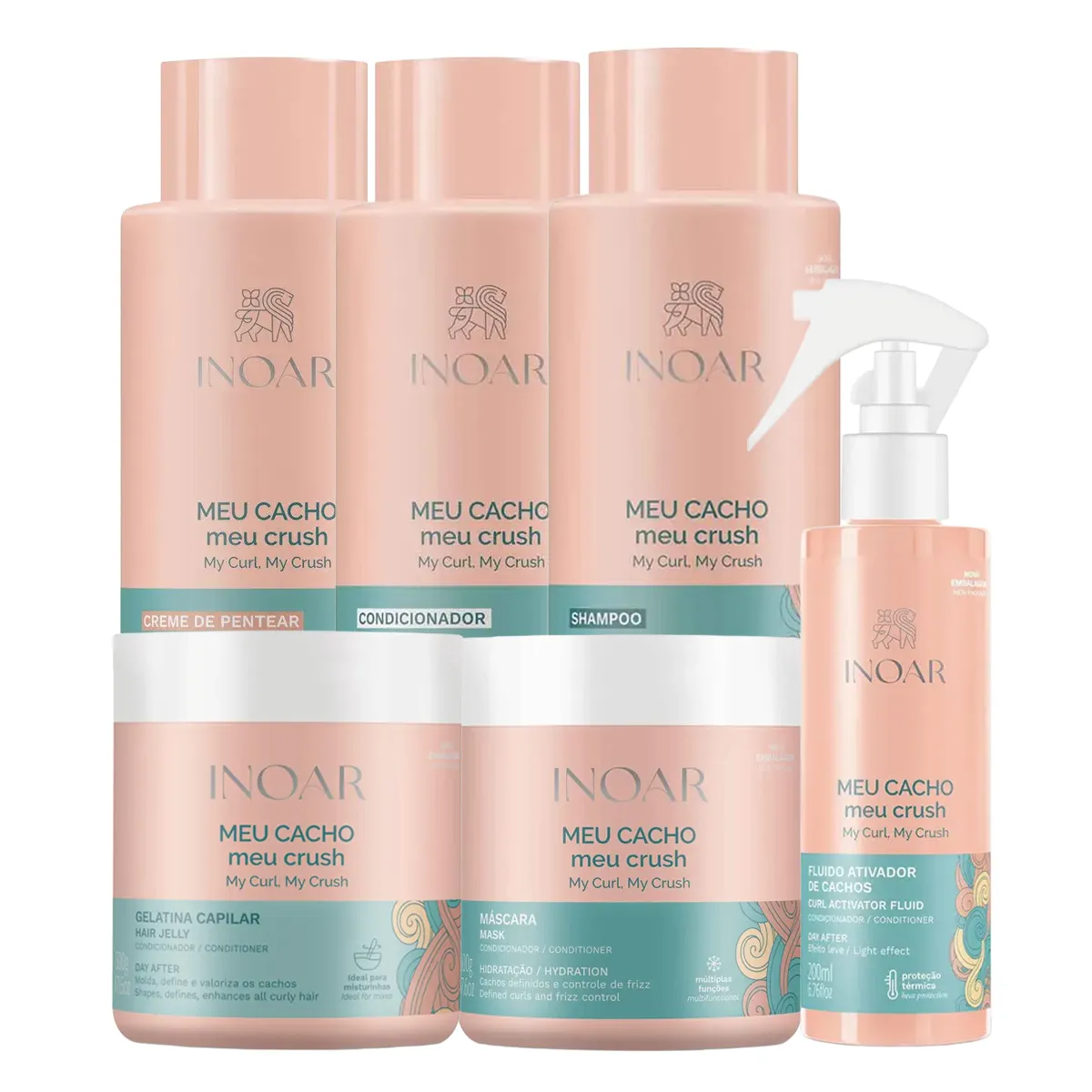 Kit Inoar Meu Cacho Meu Crush Shampoo 500ml+ Condicionador 500ml + Gelatina 500ml + Ativador de Cachos 500ml + Máscara 500g + Creme de Pentear 500g — Inoar | Farmácia Resyla