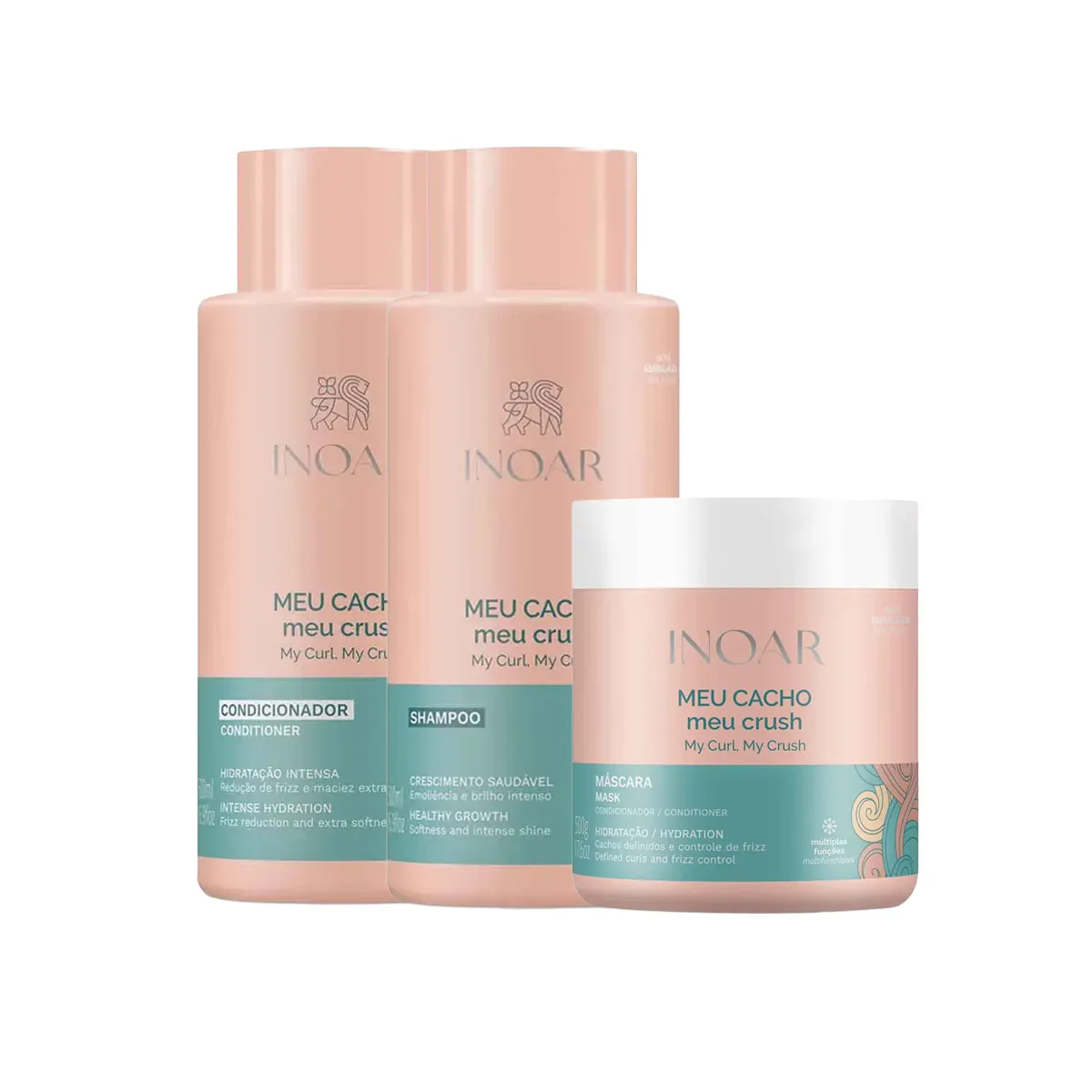 Kit Inoar Meu Cacho Meu Crush Shampoo 500ml + Condicionador 500ml + Máscara de Hidratação 500g — Inoar | Farmácia Resyla