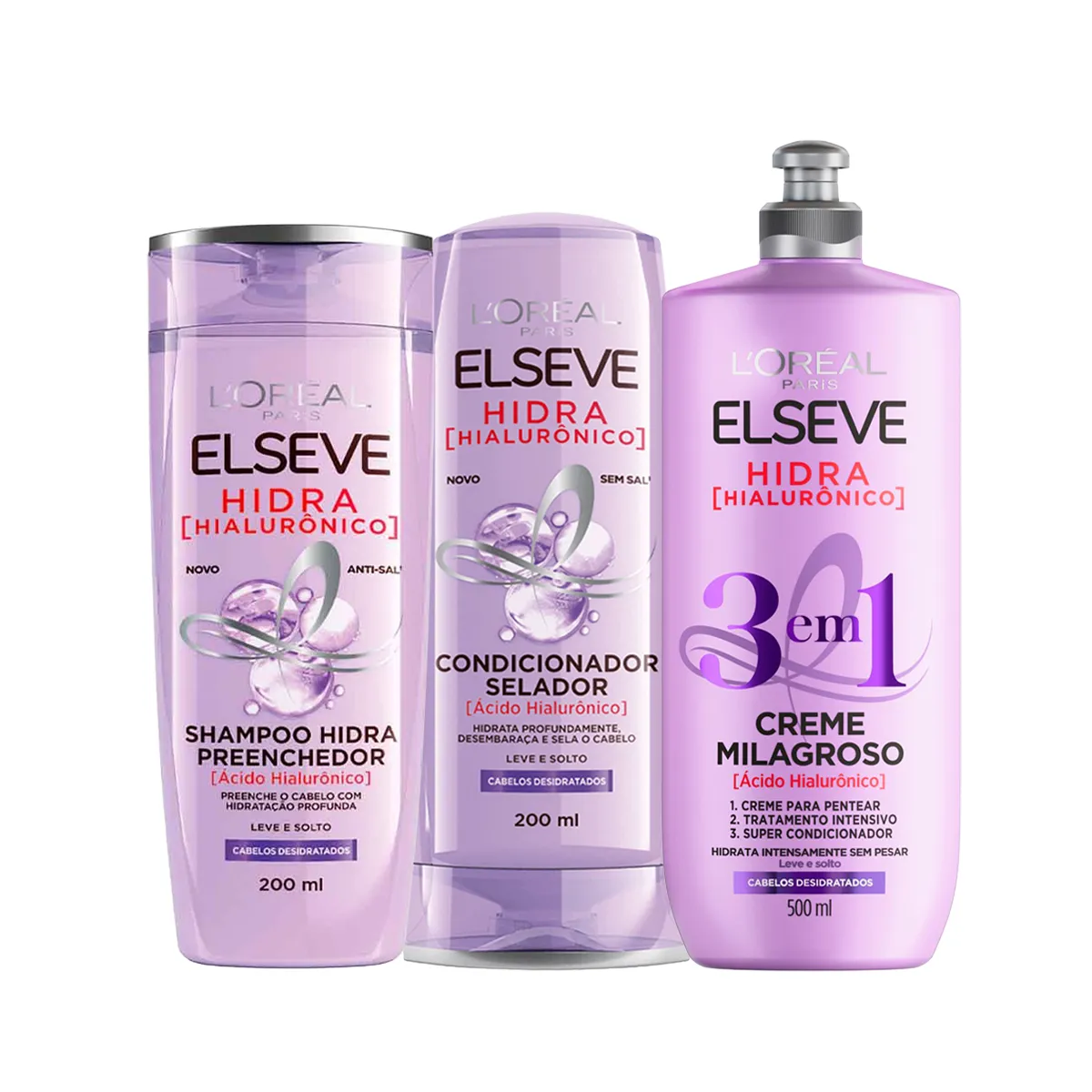 Kit L'Oréal Paris Elseve Hidra Hialurônico Shampoo 200ml + Condicionador 200ml + Creme 3 em 1 500ml — L'Oréal | Farmácia Resyla