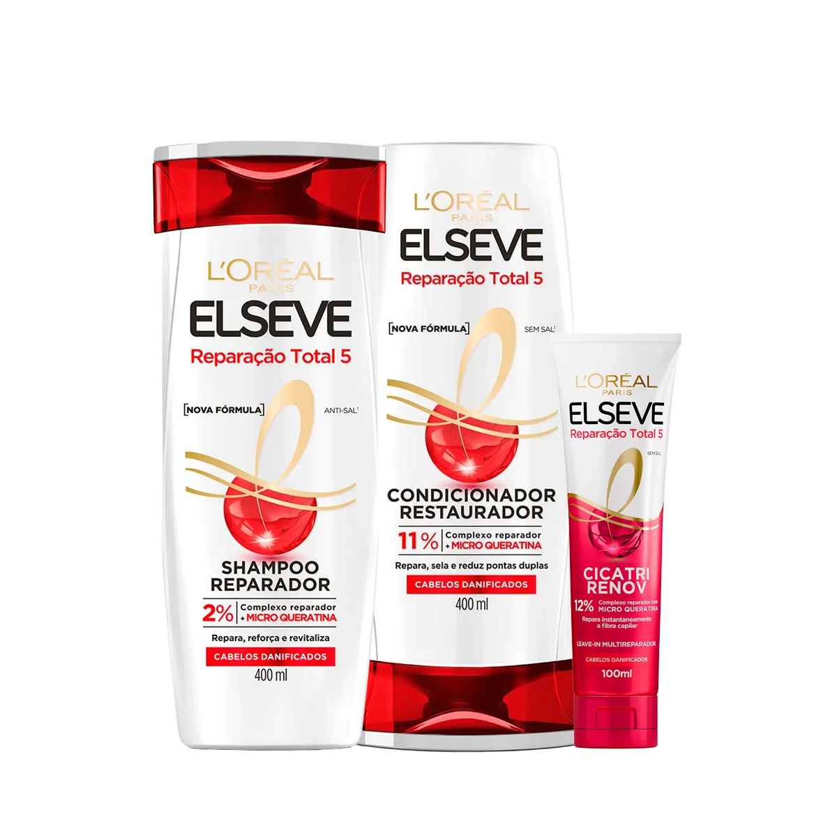 Kit L'Oréal Paris Elseve Reparação Total 5 Shampoo 400ml + Condicionador 400ml + Leave-in Cicatri Renov 100ml — L'Oréal | Farmácia Resyla