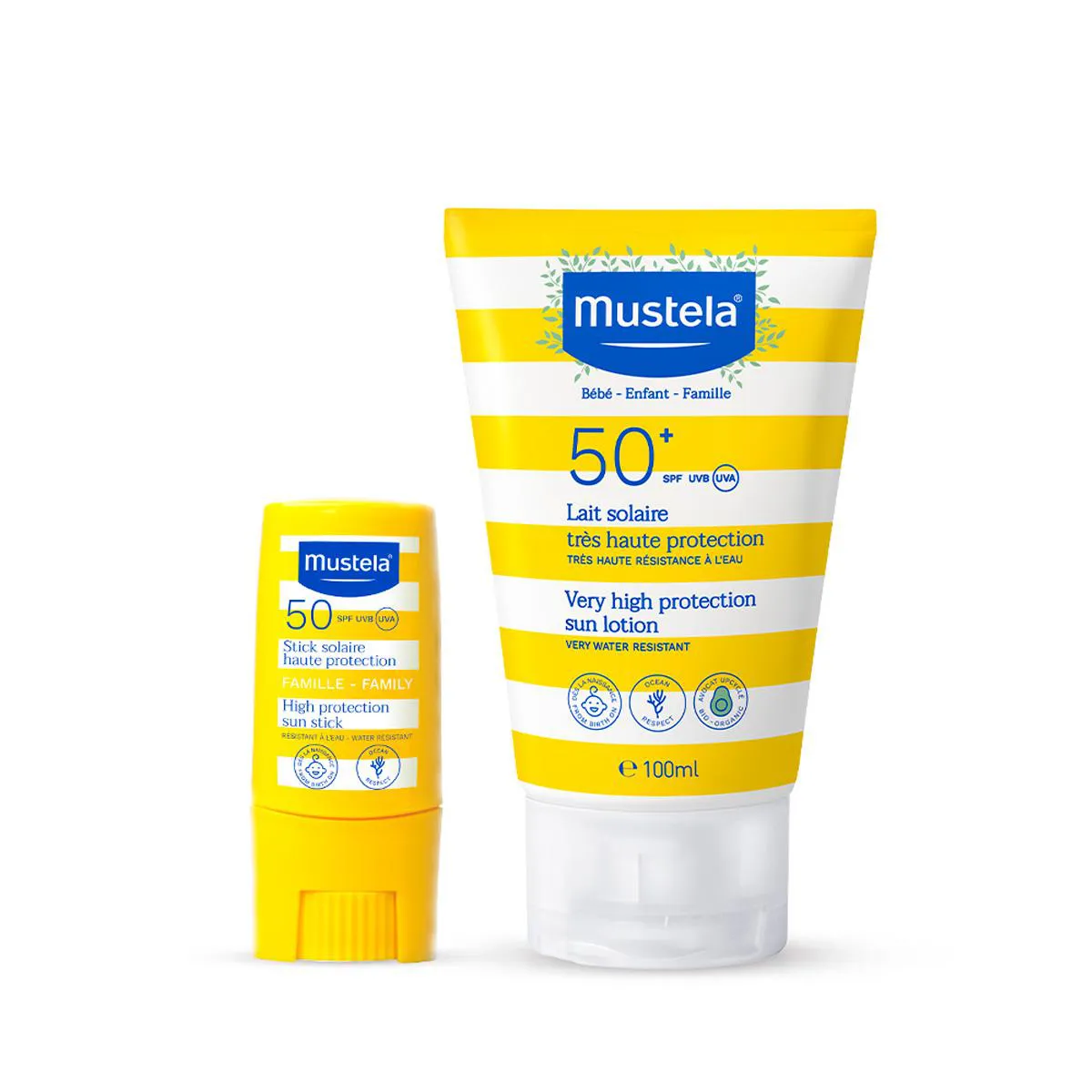 Kit Mustela Infantil Proteção Solar Stick Facial FPS 50 8g + Protetor Solar Rosto e Corpo FPS 50+ 100ml — Mustela | Farmácia Resyla