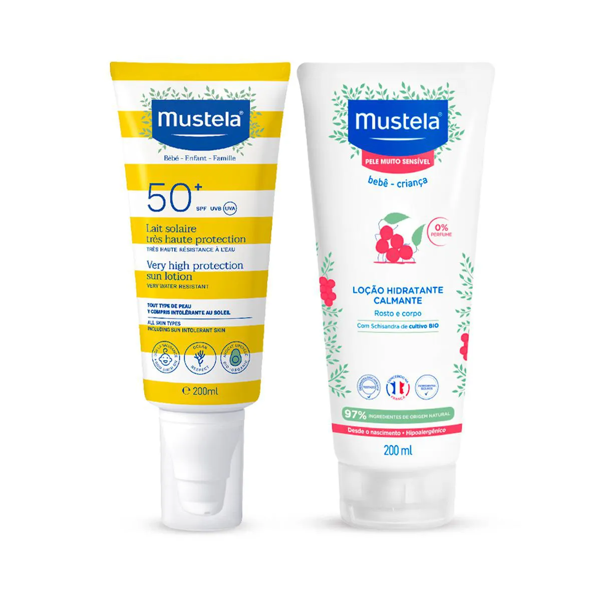 Kit Mustela Protetor Solar Corporal FPS 50+ Infantil e Adulto Spray 200ml + Hidratante Bebê Calmante para Pele Muito Sensível 200ml — Mustela | Farmácia Resyla