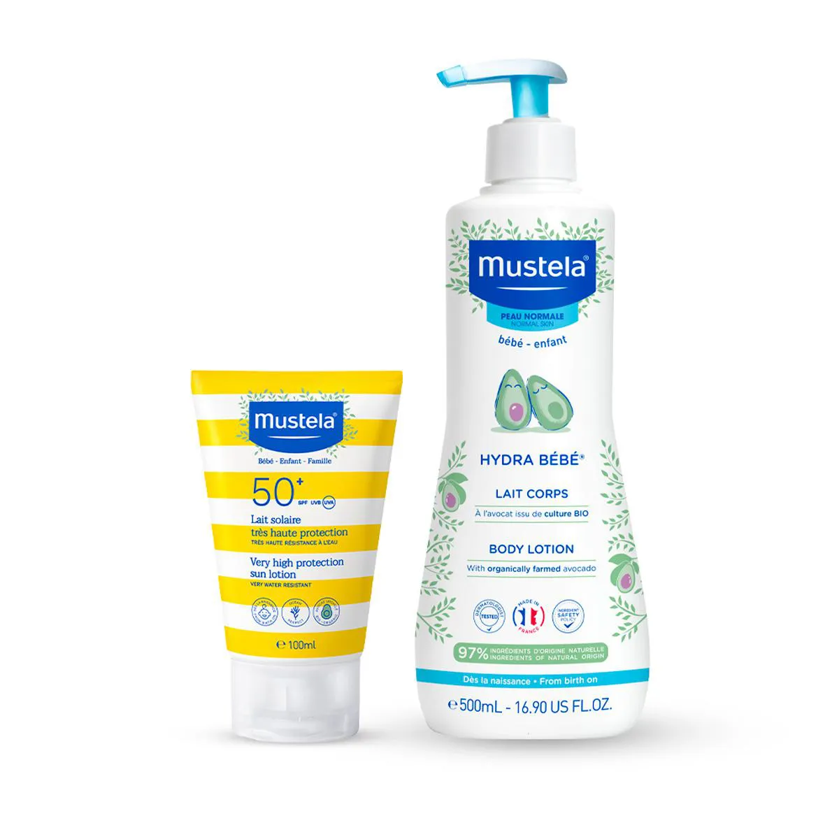 Kit Mustela Protetor Solar Corporal Loção FPS 50+ 100ml + Hidratante Infantil Hydra Bebê para Pele Normal 500ml — Mustela | Farmácia Resyla