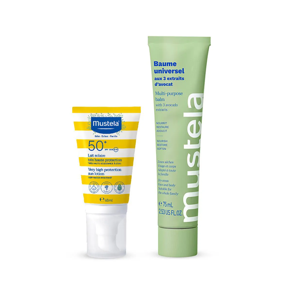 Kit Mustela Protetor Solar Facial Loção FPS 50+ 40ml + Bálsamo Hidratante Multifuncional 75ml — Mustela | Farmácia Resyla