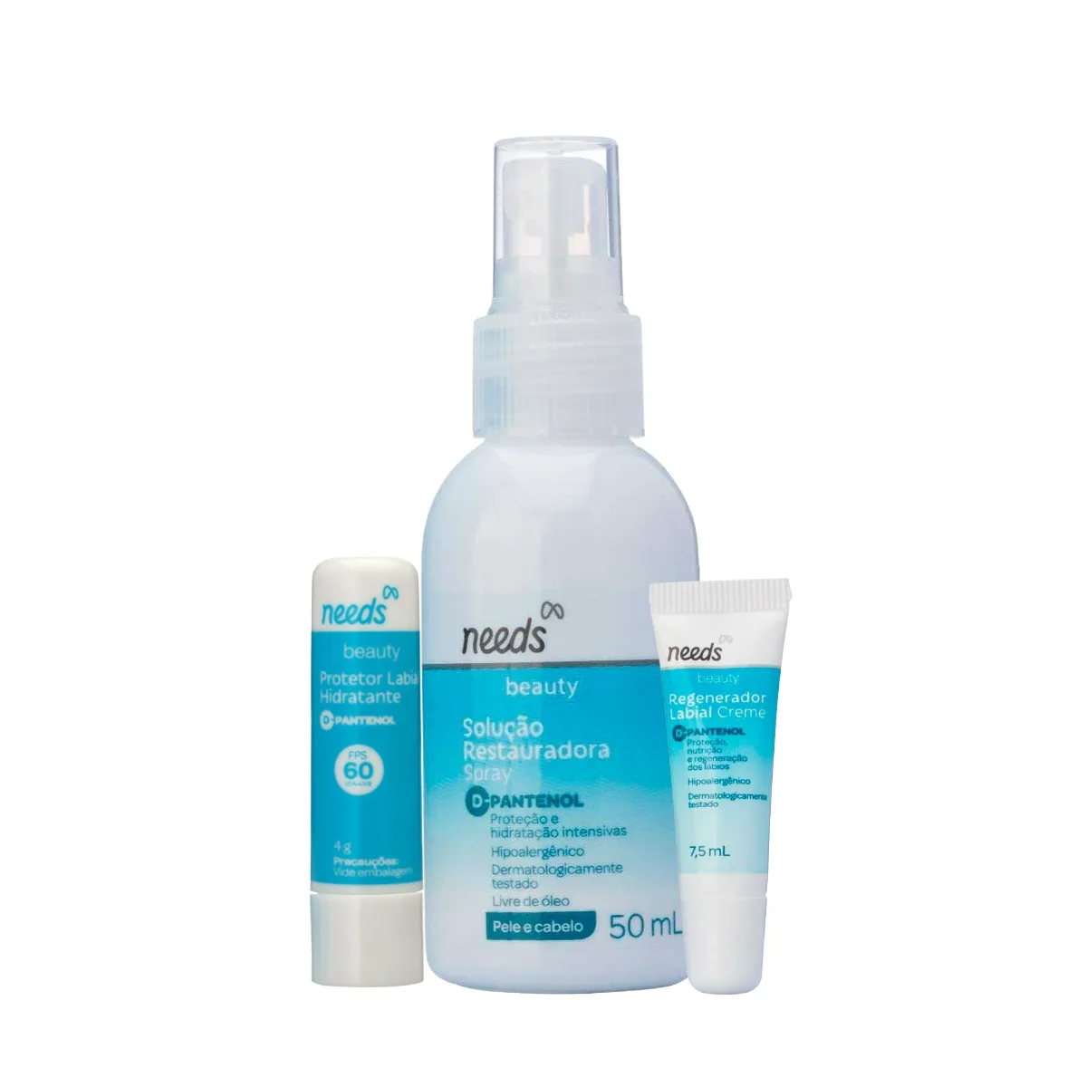 Kit Needs Beauty Spray Restaurador D-Pantenol Pele e Cabelo 50ml + Protetor Labial Hidratante FPS 60 Beauty D-Pantenol 4g + Regenerador Labial Hidratante Beauty D-Pantenol 7,5ml — Needs | Farmácia Resyla