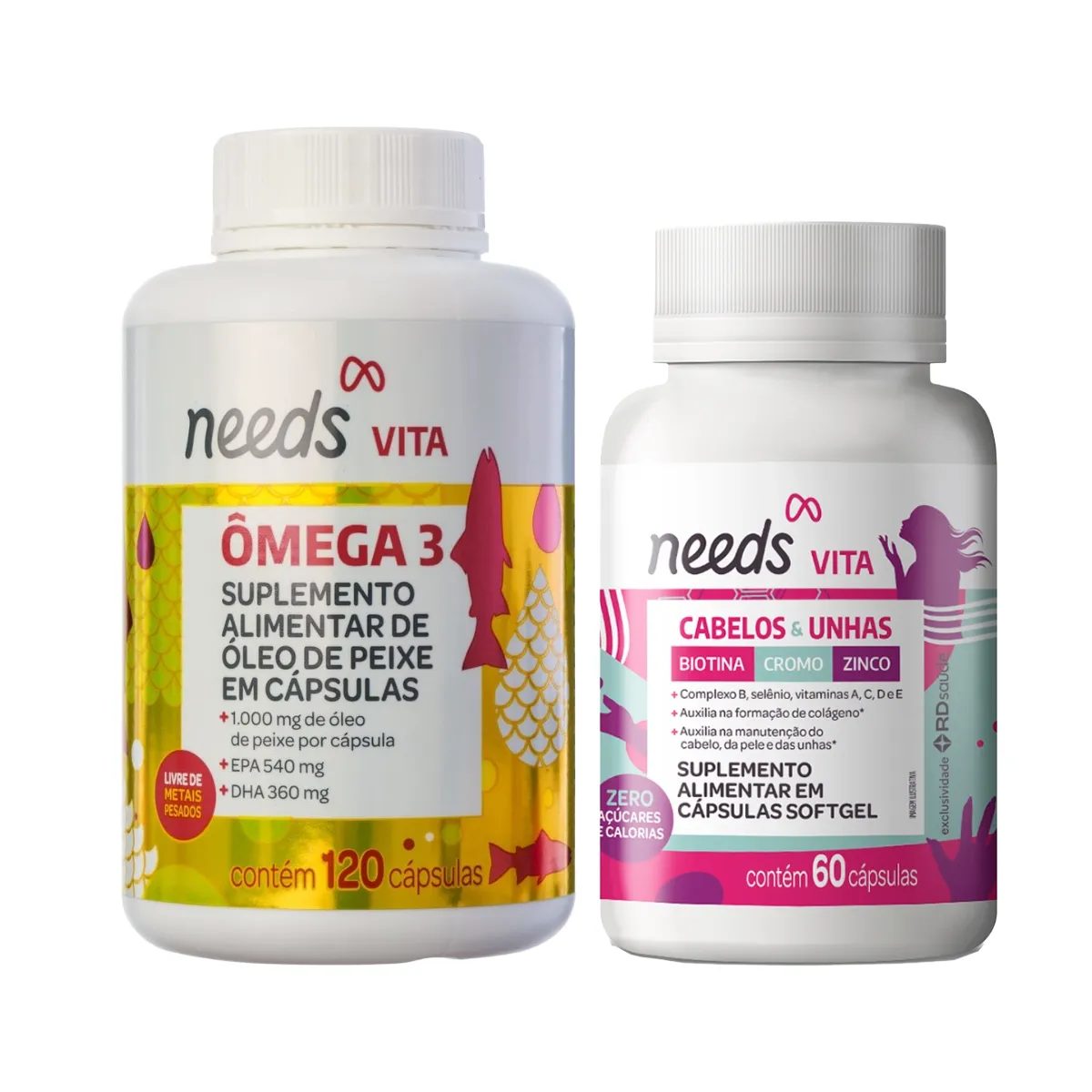 Kit Needs Vita Ômega 3 120 Cápsulas + Polivitamínico Cabelos e Unhas 60 Cápsulas — Needs | Farmácia Resyla