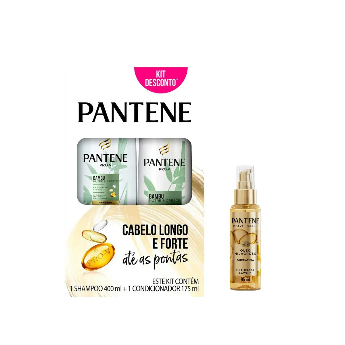 Kit Pantene Bambu Shampoo 400ml + Condicionador 175ml + Óleo Milagroso Finalizador e Leave-in Miracles Queratina 95ml — Pantene | Farmácia Resyla