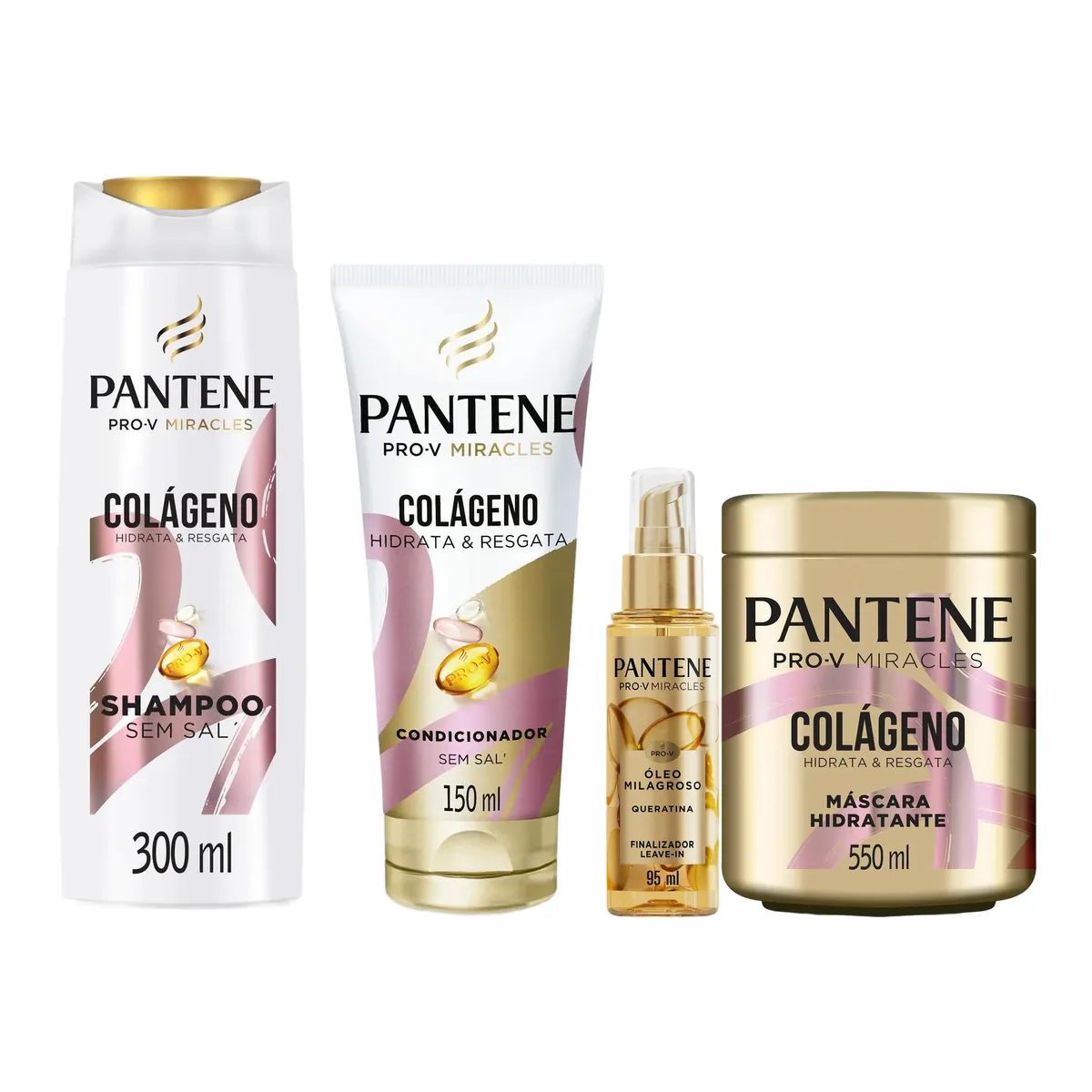 Kit Pantene Miracles Colágeno Hidrata & Resgata Shampoo 300ml + Condicionador 150ml + Máscara Capilar 550ml + Óleo Milagroso Finalizador e Leave-in Queratina 95ml — Pantene | Farmácia Resyla