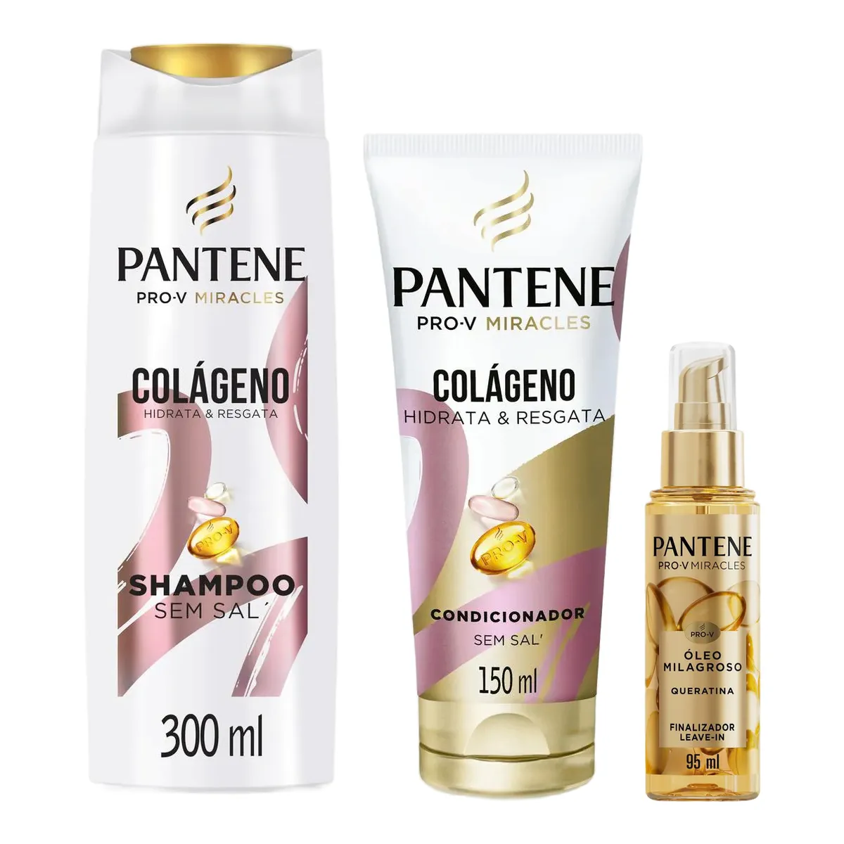 Kit Pantene Miracles Colágeno Hidrata & Resgata Shampoo 300ml + Condicionador 150ml + Óleo Milagroso Finalizador Leave-in Queratina 95ml — Pantene | Farmácia Resyla