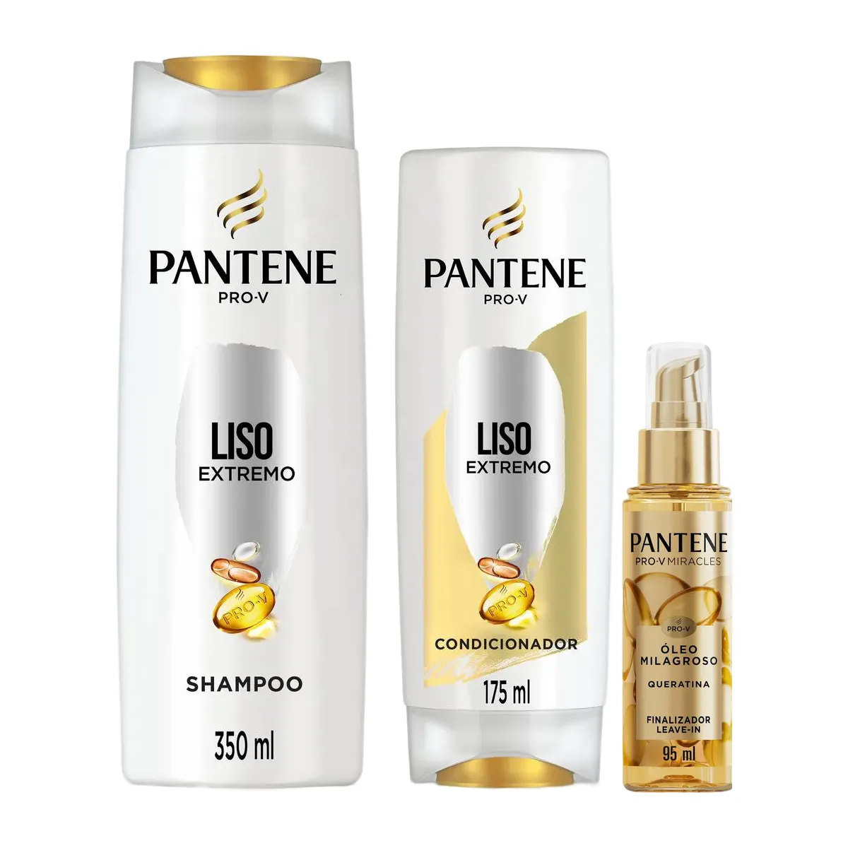 Kit Pantene Pro-V Liso Extremo Shampoo 350ml + Condicionador 175ml + Óleo Milagroso Finalizador e Leave-in Miracles Queratina 95ml — Pantene | Farmácia Resyla
