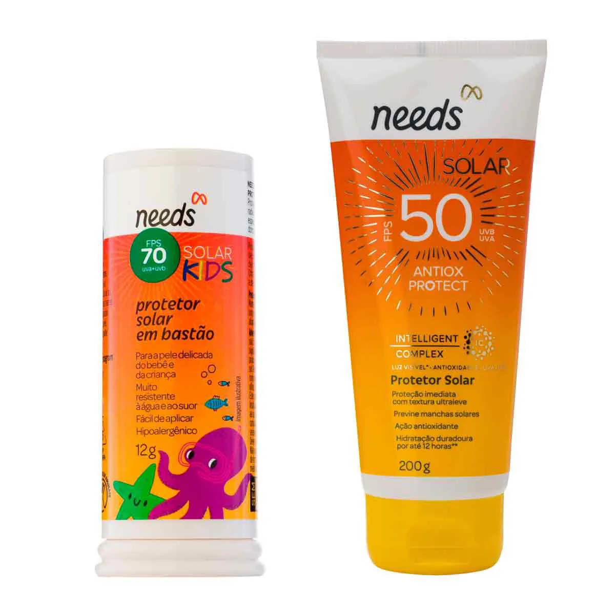 Kit Protetor Solar Needs Corporal FPS 50 Antiox Protect 200g + Infantil FPS 70 Kids Bastão 12g — Needs | Farmácia Resyla
