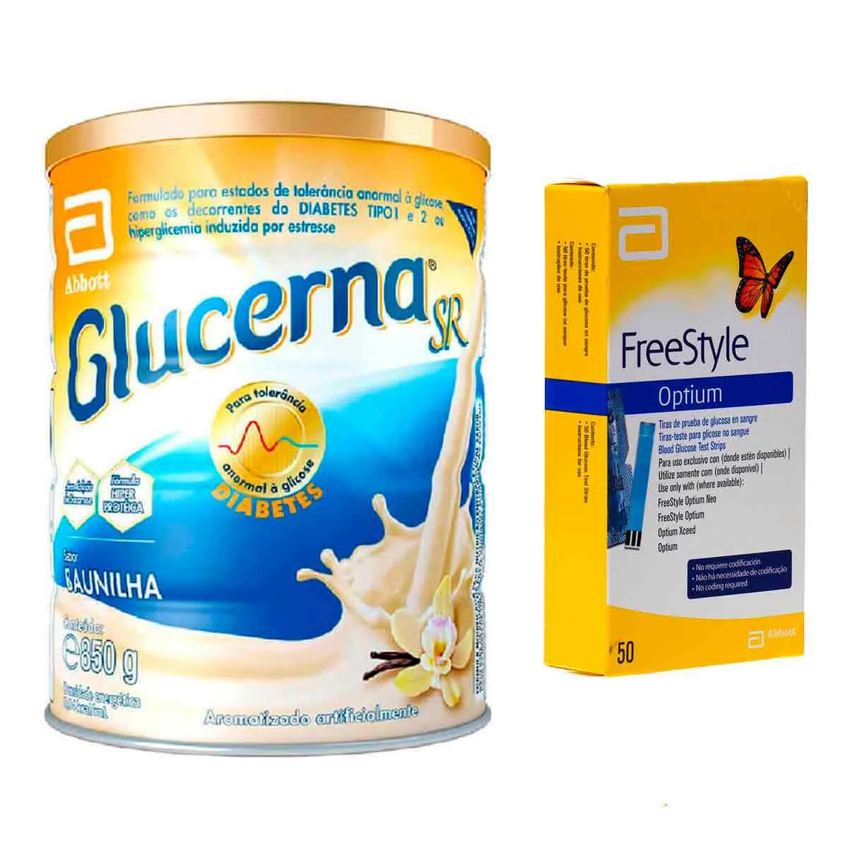 Kit Suplemento Alimentar Glucerna Baunilha 850g + Tiras para Teste de Glicemia Freestyle Optium 50 Unidades — Glucerna | Farmácia Resyla
