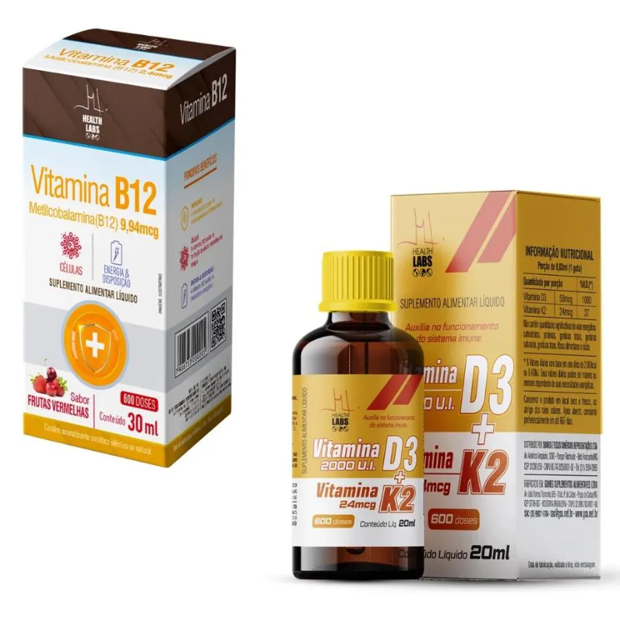Kit Vitamina B12 Adulto 30ml Frutas Vermelhas + Vitamina D3 K2 20ml - Health Labs — | Farmácia Resyla