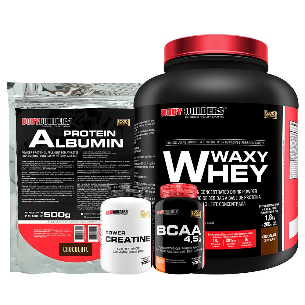 Kit Waxy Whey 2kg + Albumina 500g + Bcaa 100g Tangerina + Power Creatina 100g - Bodybuilders — Creatina | Farmácia Resyla
