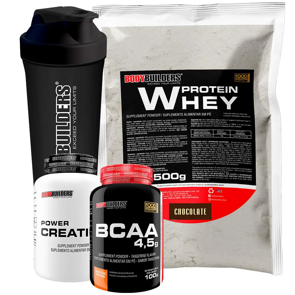 Kit Whey Protein 500g + Bcaa 4,5 100g + Power Creatine 100g + Coqueteleira – Bodybuilders Chocolate — | Farmácia Resyla