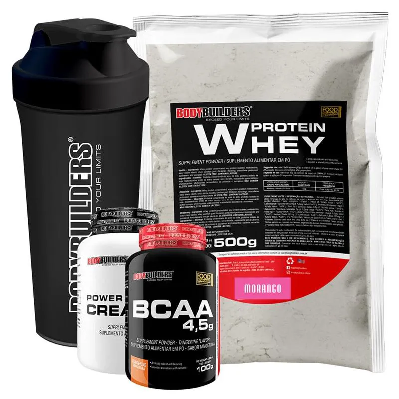 Kit Whey Protein 500g + Bcaa 4,5 100g + Power Creatine 100g + Coqueteleira – Bodybuilders Morango — | Farmácia Resyla