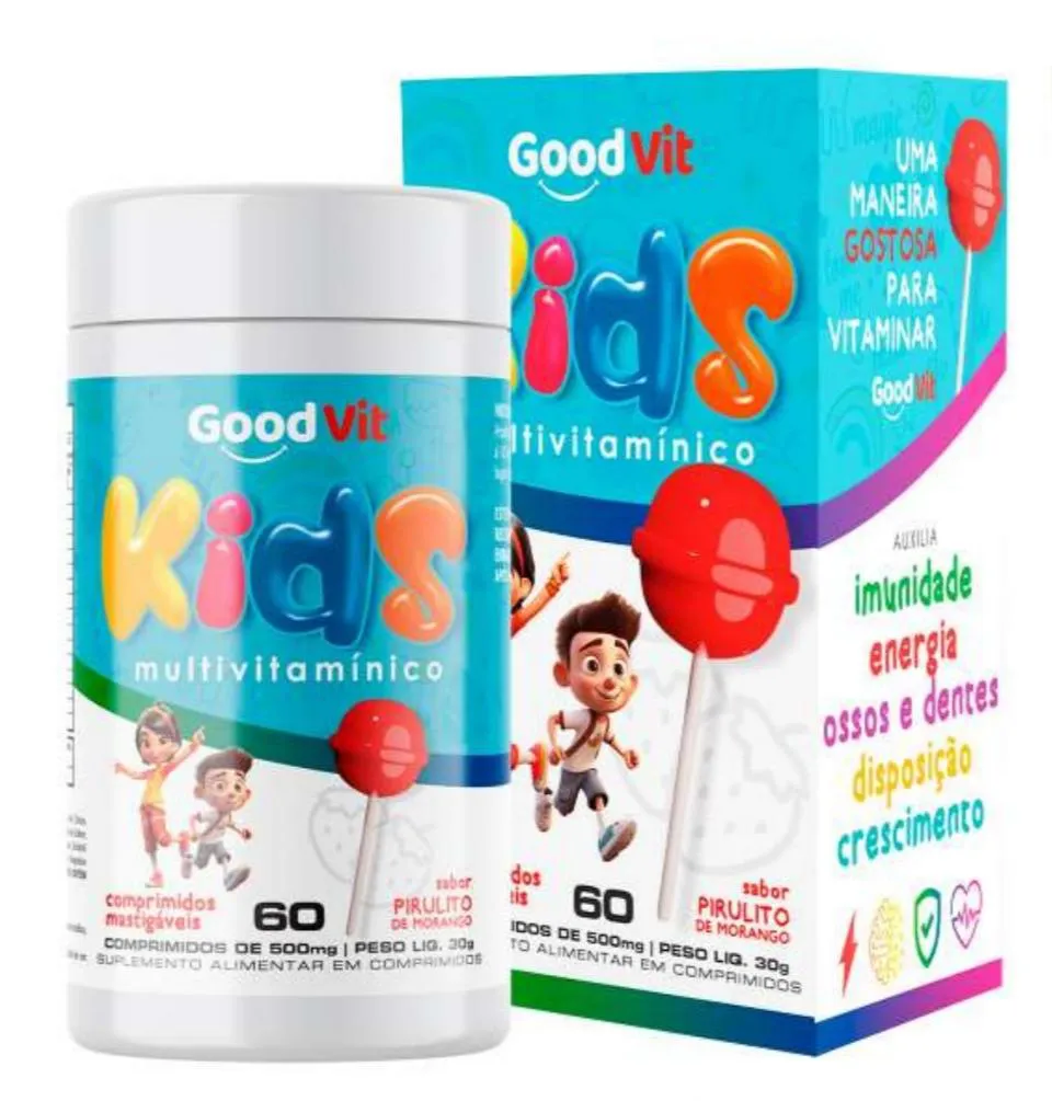 Multivitamínico Kids 60 Comprimidos Mastigáveis 500Mg Good Vit com Sabor Pirulito de Morango — | Farmácia Resyla