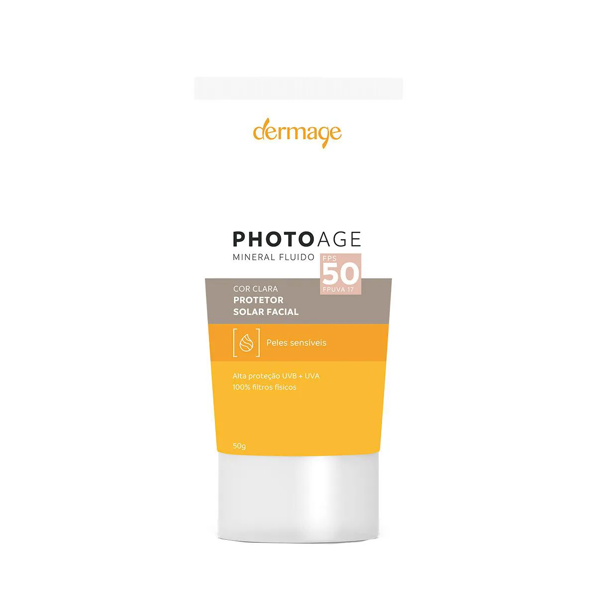 Protetor Solar Facial Dermage Photoage Mineral Fluido Pele Sensível FPS 50 Clara 50g — Dermage | Farmácia Resyla
