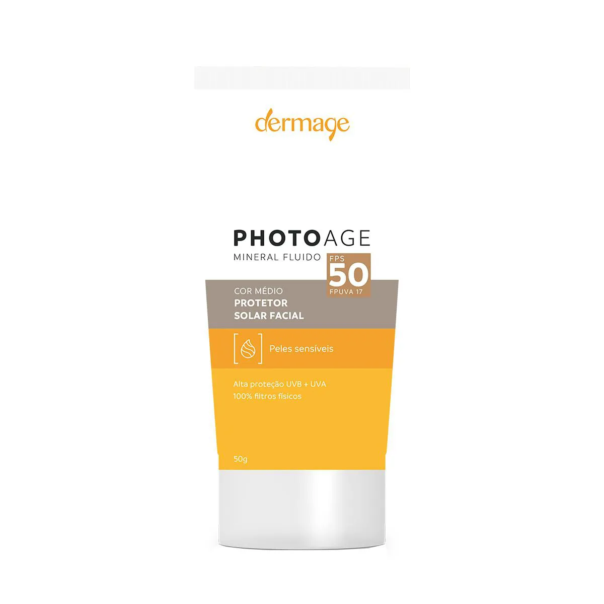 Protetor Solar Facial Dermage Photoage Mineral Fluido Pele Sensível FPS 50 Média 50g — Dermage | Farmácia Resyla