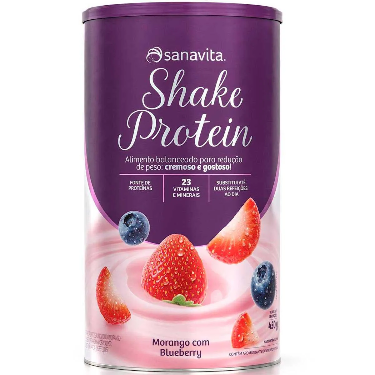Shake Protein Fonte de Proteína + 23 Vitaminas e Minerais - (450g) - Sanavita Morango com Blueberry — Sanavita | Farmácia Resyla