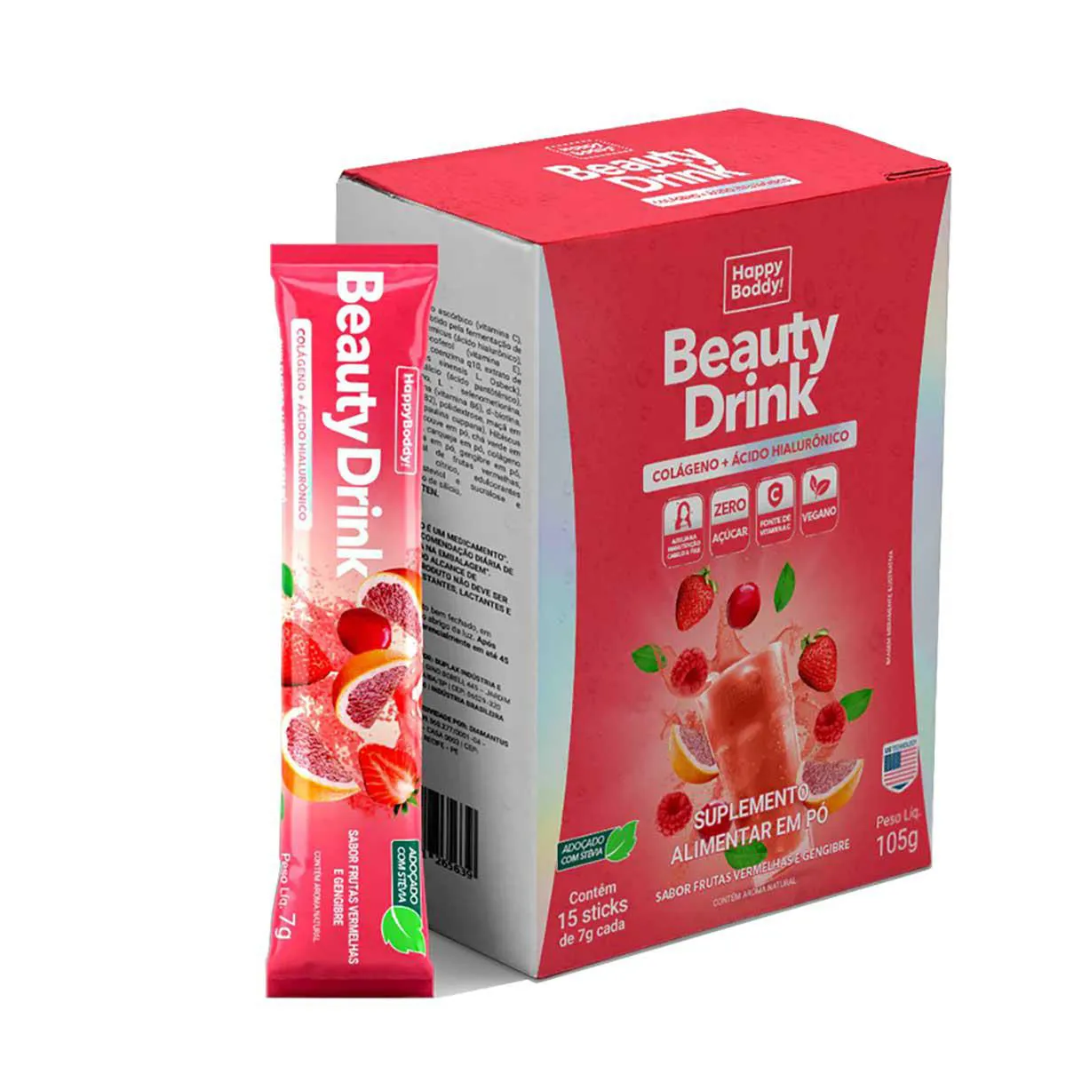 Suplemento Alimentar Beauty Drink Happy Boddy Sabor Frutas Vermelhas e Gengibre 15 Sachês — Aché | Farmácia Resyla