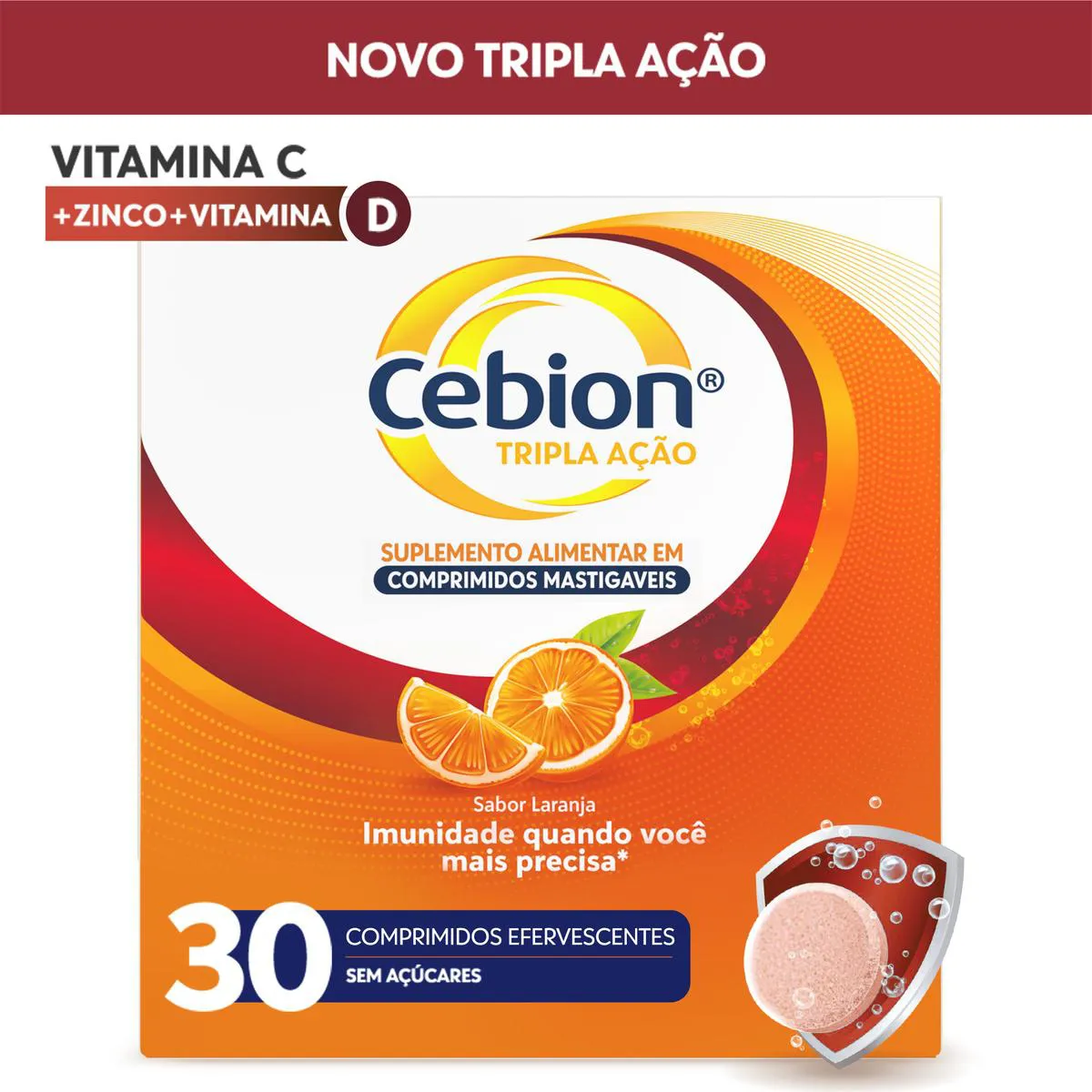 Vitamina C Efervescente Cebion Sabor Laranja Tripla Ação 30 comprimidos — | Farmácia Resyla