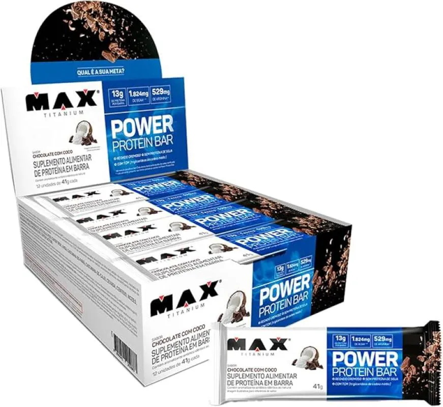 Whey Bar Power Protein Chocolate C/ Coco 8un 90g Max Titanium — Max Titanium | Farmácia Resyla