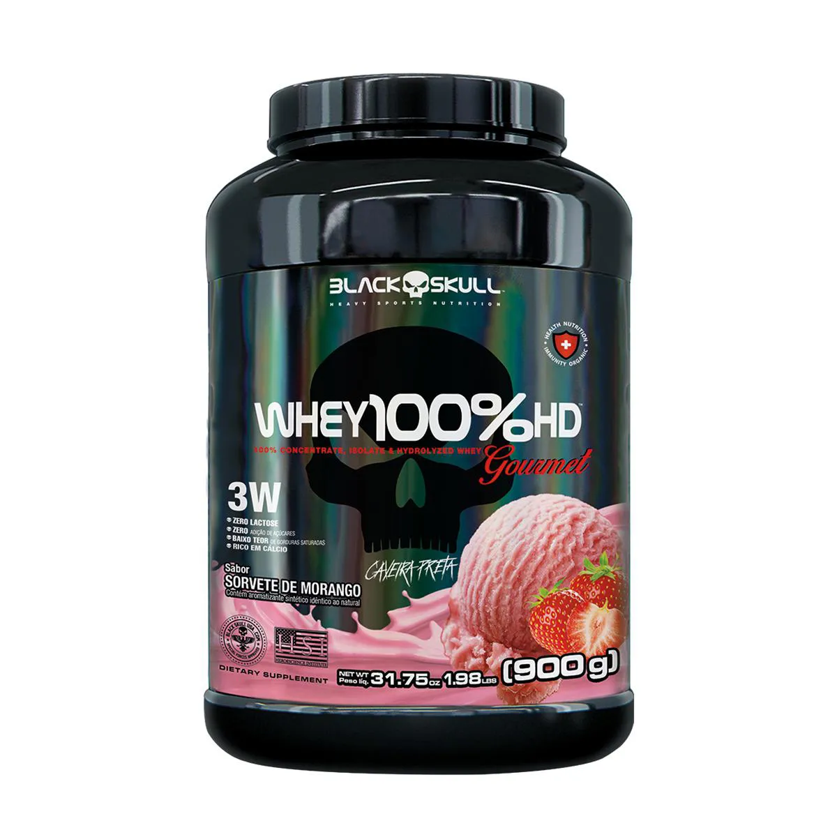 Whey Protein Black Skull 100% HD Gourmet Sorvete de Morango 900g — Black Skull | Farmácia Resyla