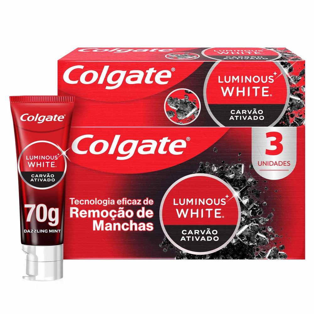 Kit Creme Dental Colgate Luminous White Carvão Ativado Clareador 70g 3 Unidades — Colgate | Farmácia Resyla