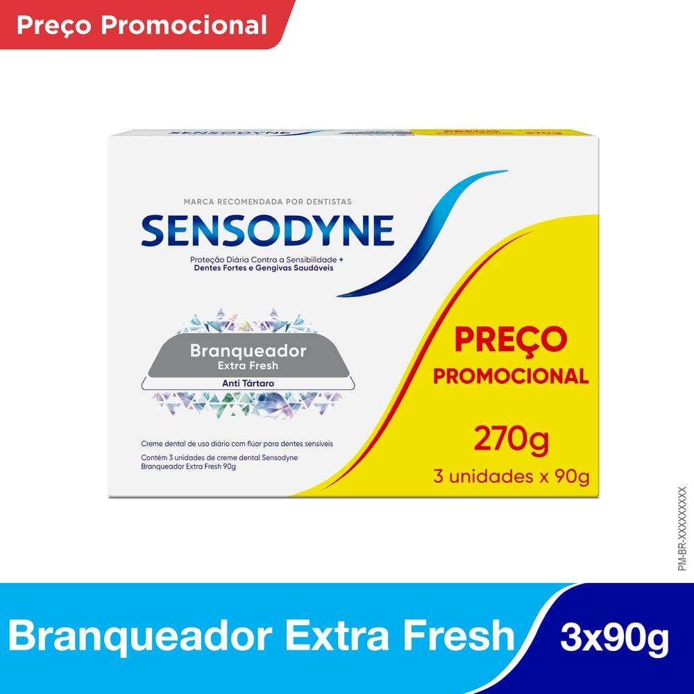 Kit Creme Dental Sensodyne Branqueador Extra Fresh Anti Tártaro para Dentes Sensíveis 90g 3 Unidades — Sensodyne | Farmácia Resyla