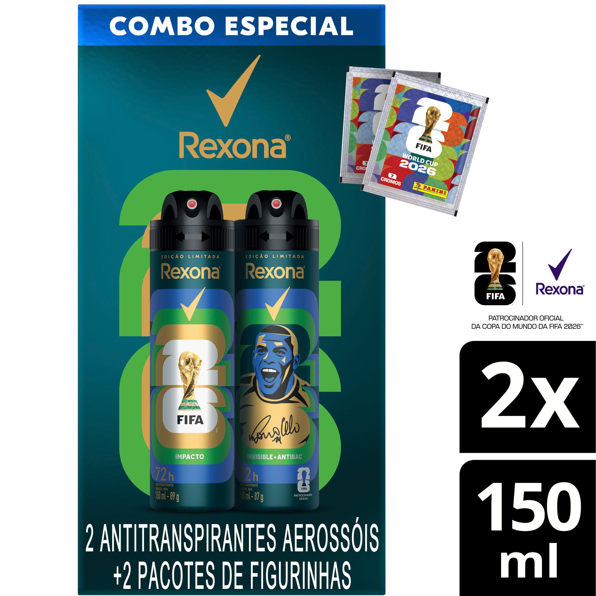 Kit Desodorante Antitranspirante Aerossol Rexona Men Fifa 26 Impacto 150ml + Invisible Antibac 150ml + 2 Pacotes De Figurinhas — Rexona | Farmácia Resyla